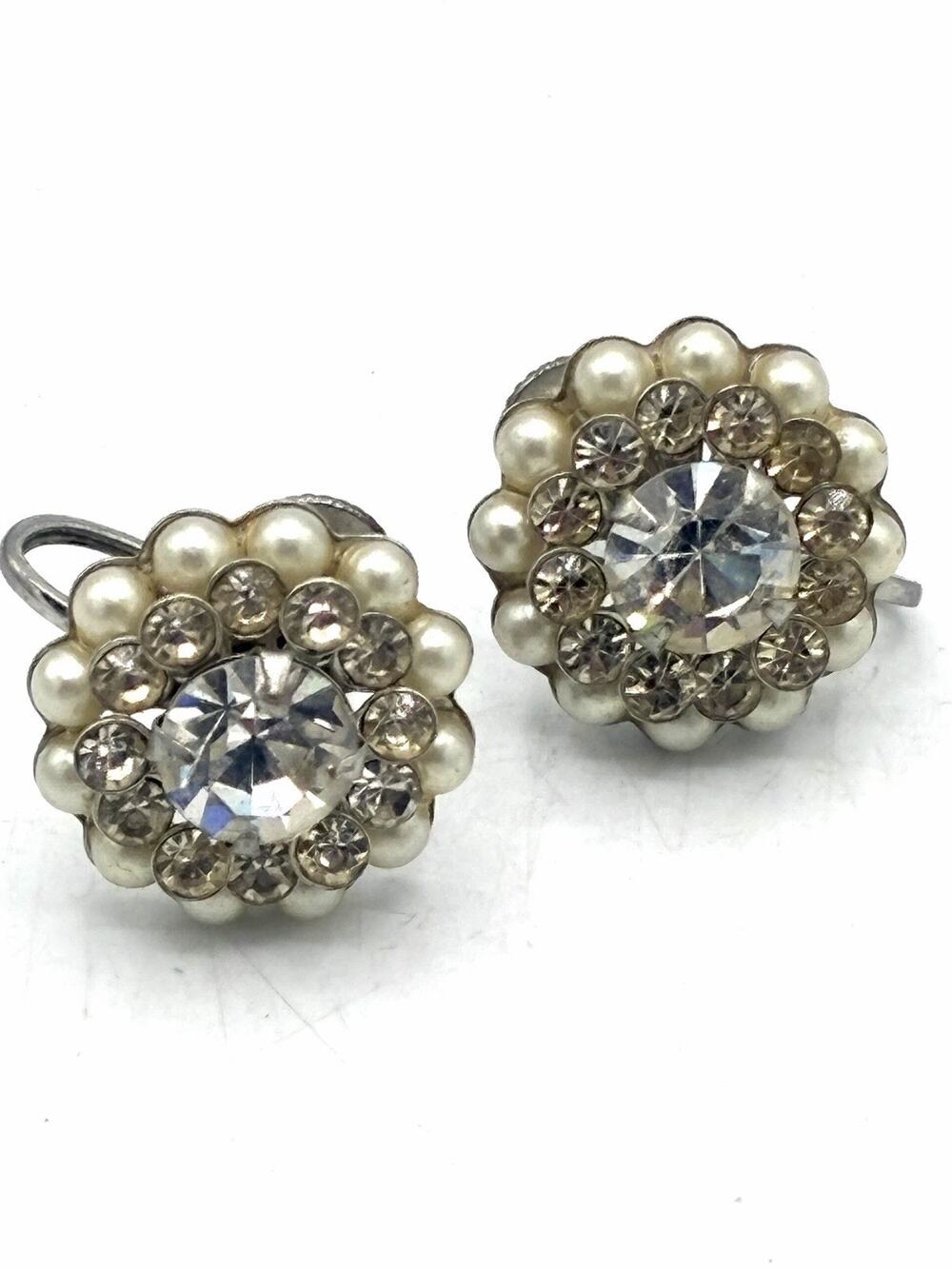 Vintage Faux Pearl Rhinestone Cluster Screw Back Earrings .75 Inch